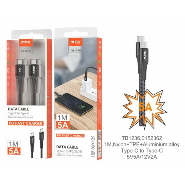 MTK Type C To C 5amp  Braided 1m Black