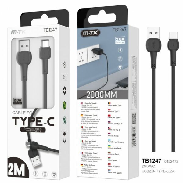 MTK Type C Cable 2M Black 2Amp Karron/TB1247